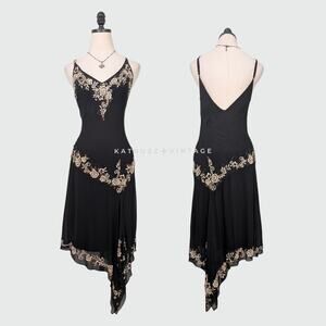 Vintage Cache Silk Midi Dress 6 Slip Floral Embroidered 90S Y2K Black Tan Brown